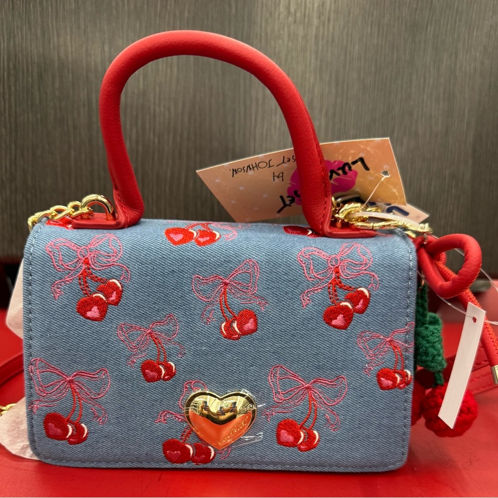 Luv Betsey by Betsey Johnson denim bag w/ cherry embroidery & cherry charm